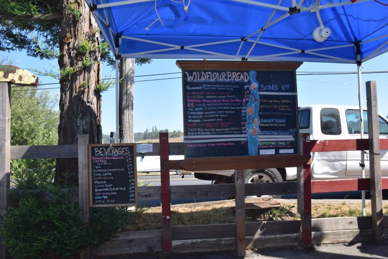 Chalkboard sign with daily specials at Wildflour Bread in Bodega Bay