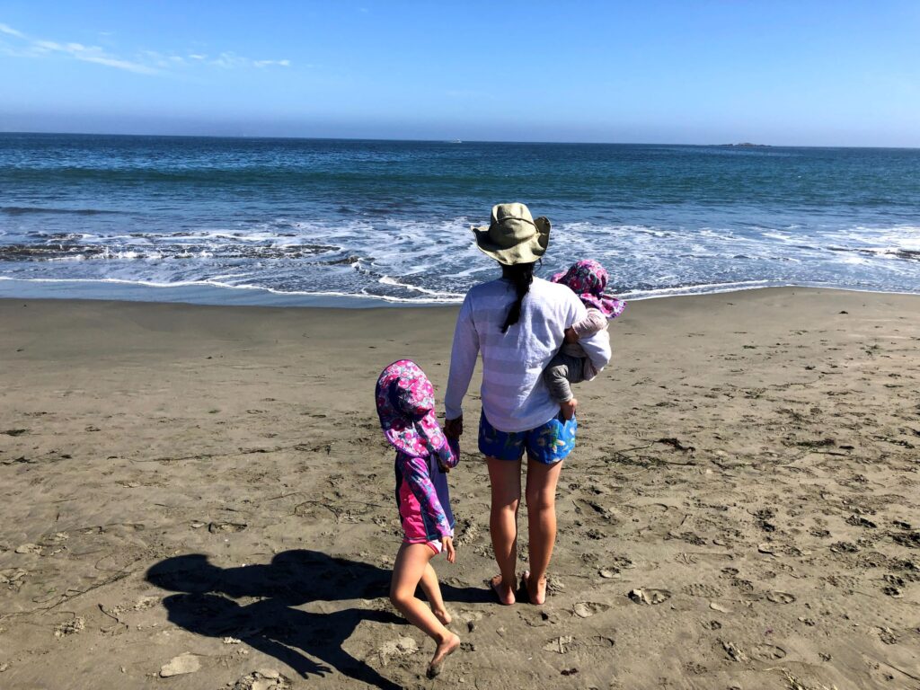 One adult and two children walking on Doran Beach in Bodega Bay