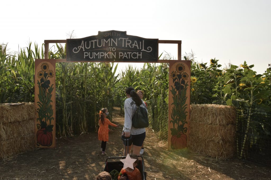 child and adult pulling a wagon under a sign that says "Autumn Trail"