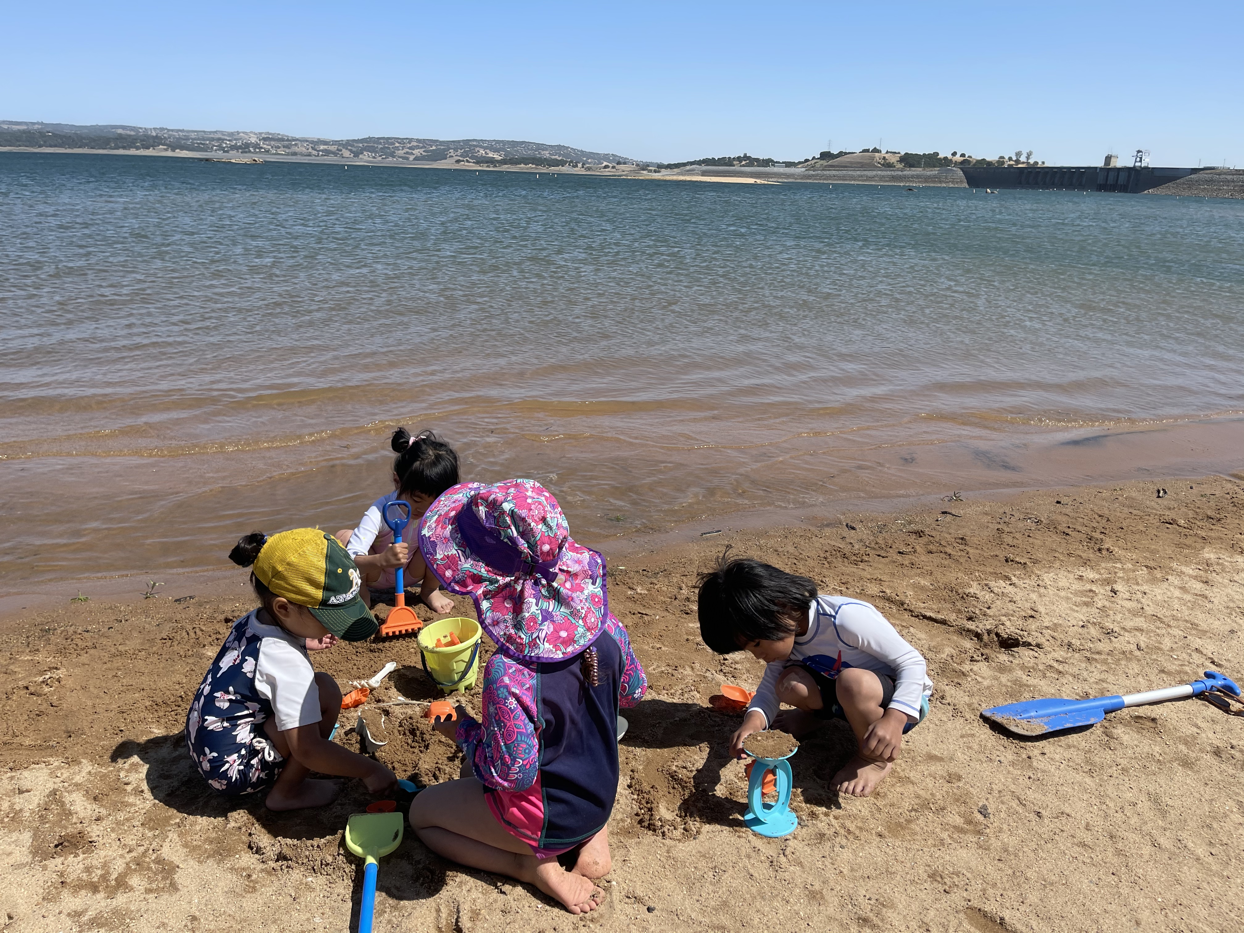An image of four children playing along the shoreline of Folsom Lake, with the other end of the lake seen in the background.