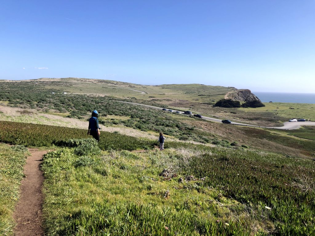 Two people hiking on a narrow trail down a steep green hill. Blue skies and ocean.
