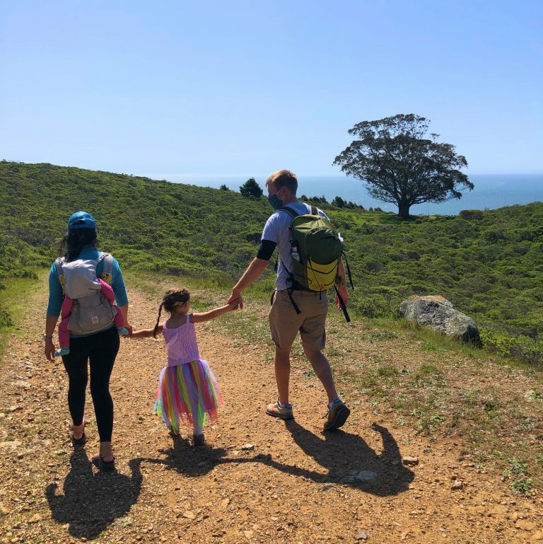 family holding hands on a trail walking towards a tree