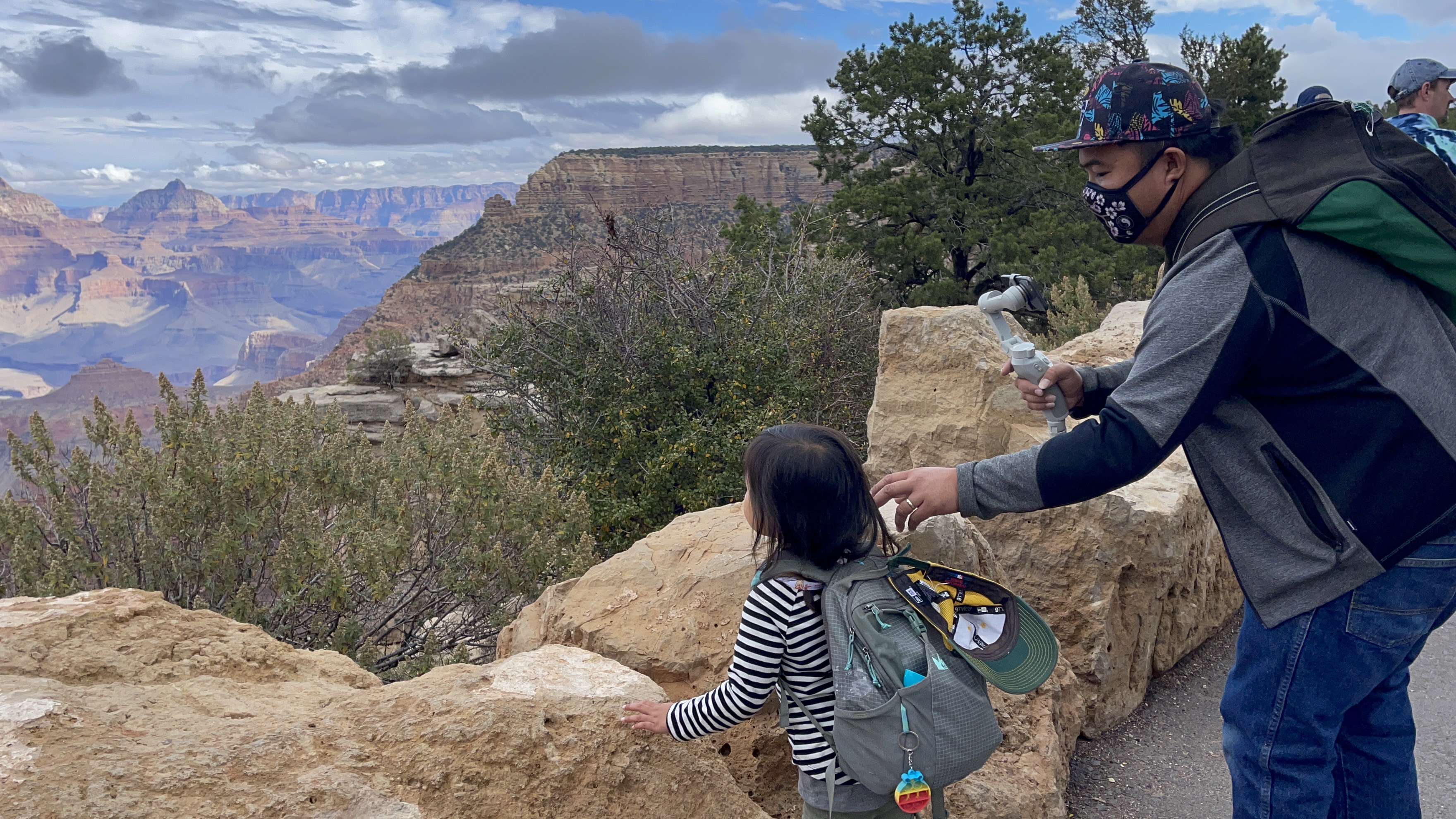 A child stands close to a border rock facing the Grand Canyon while an adult behind them reaches their hand out to pull them back.