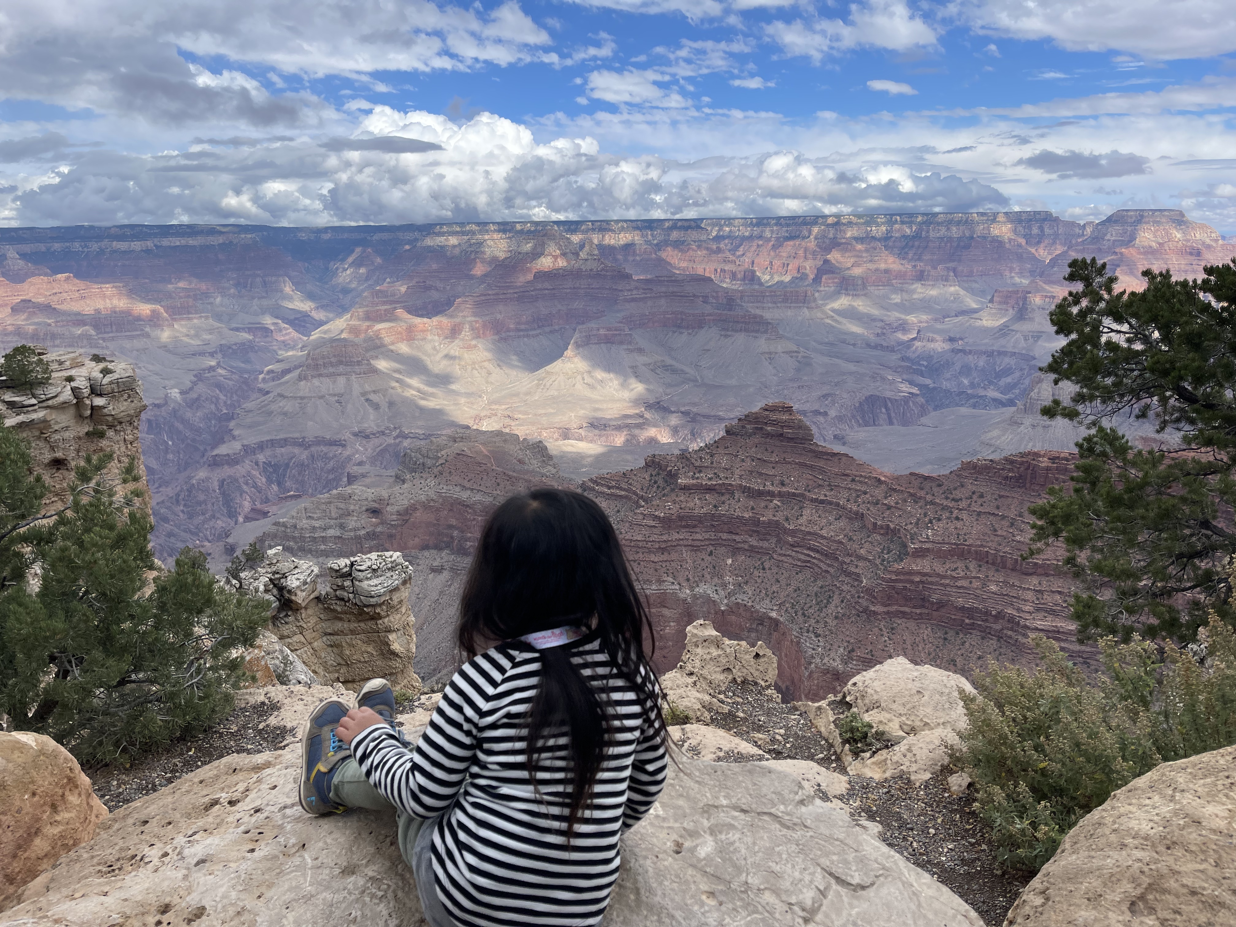A child sits on a rock to look out at the Grand Canyon.