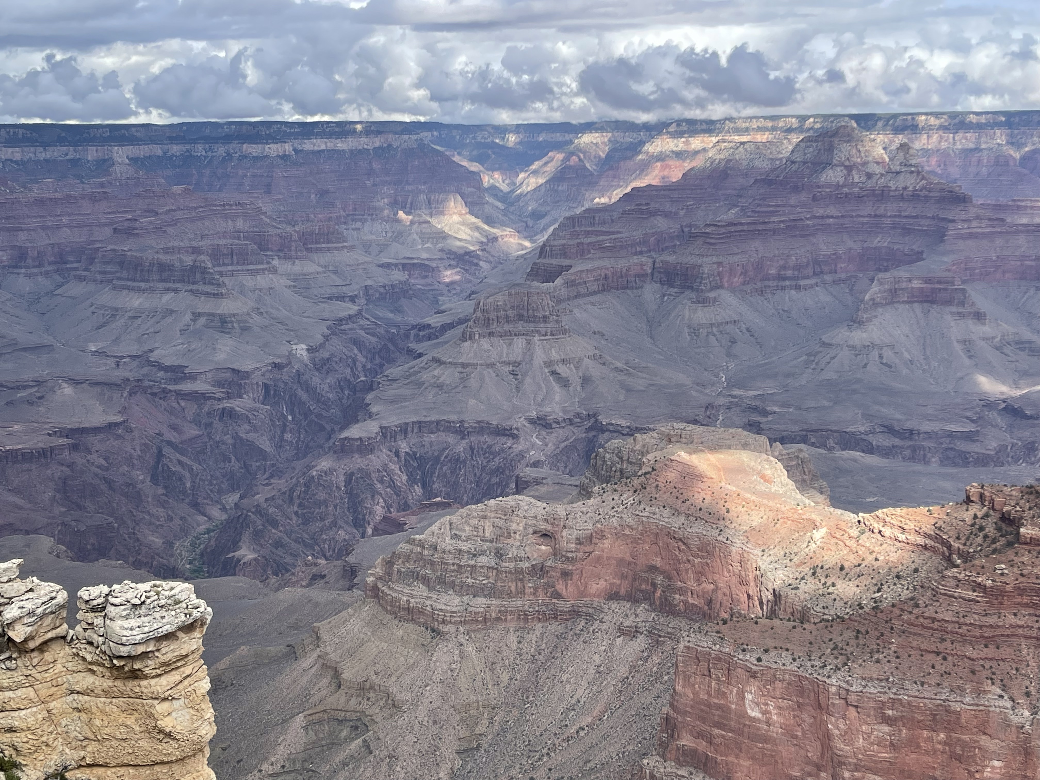 A zoomed-in photo of the Grand Canyon from Mather Point reveals the area where the Colorado River flows through it.