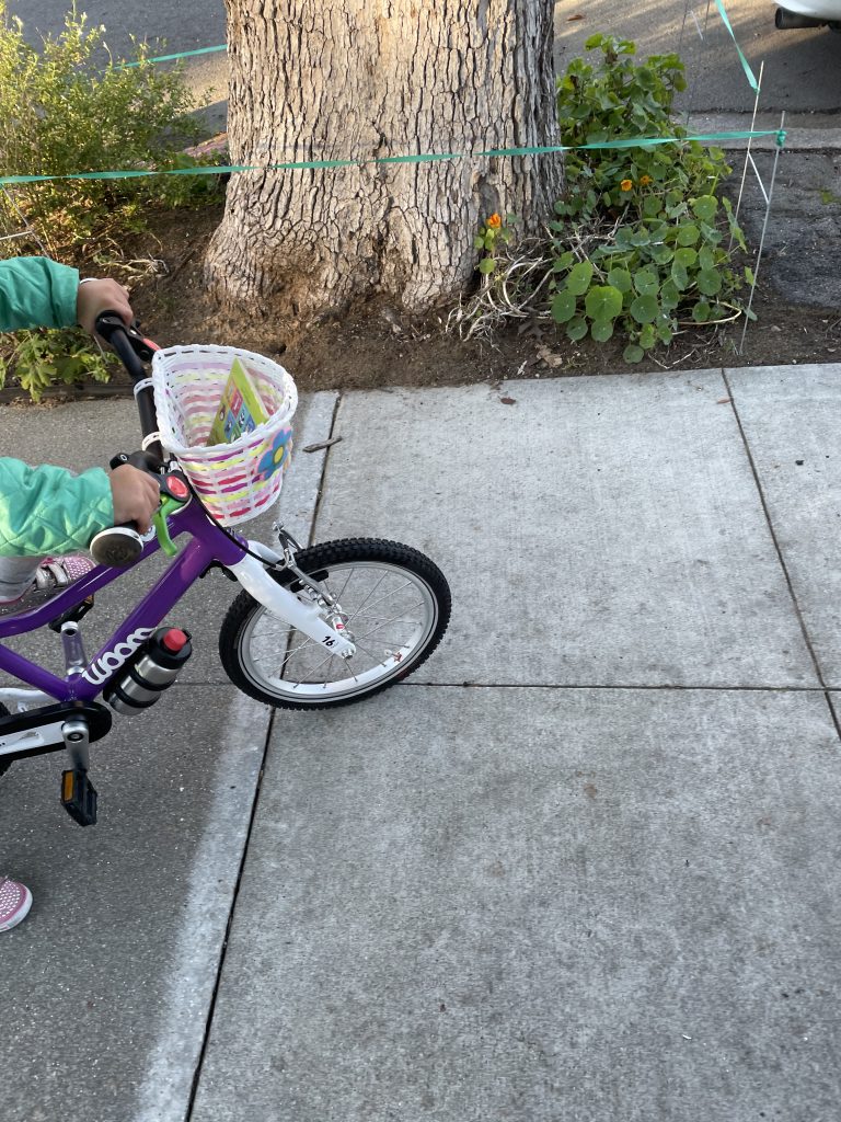 child riding a purple bike