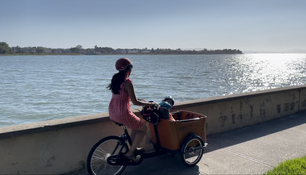 family riding a cargo bike along the coast