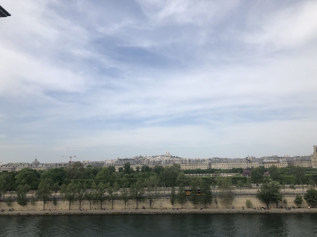A panoramic view of Parisian buildings with the River Seine in the foreground.