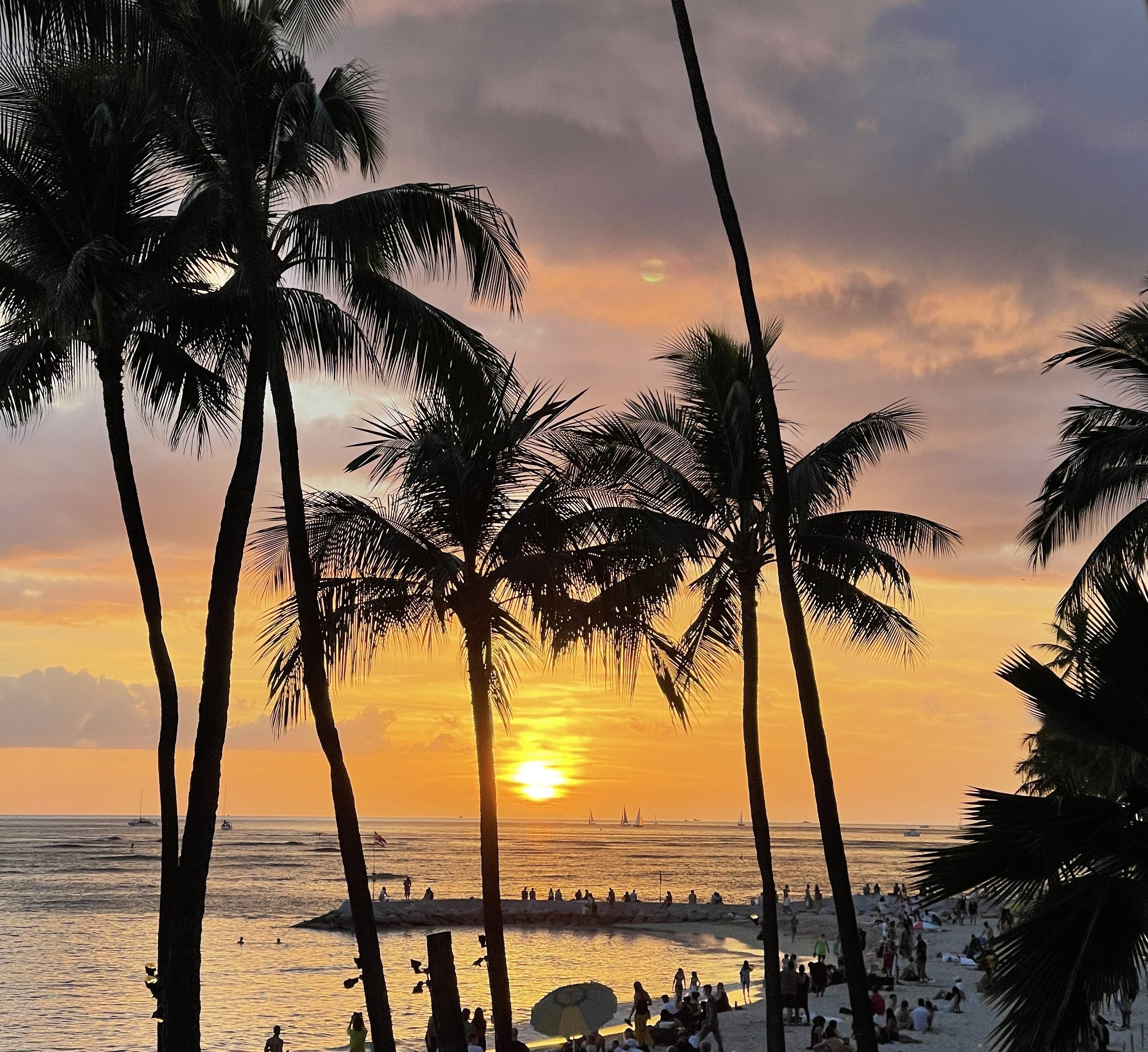 The setting sun gives off a bright orange hue along Waikiki, with palm trees seen in the forefront.