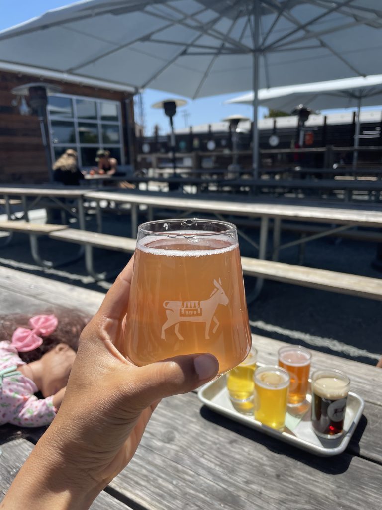 A hand holding a glass at Beer Mule in Watsonville filled with boozy Kombucha