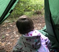 A child peaking out of their tent at Samuel P Taylor State Park.