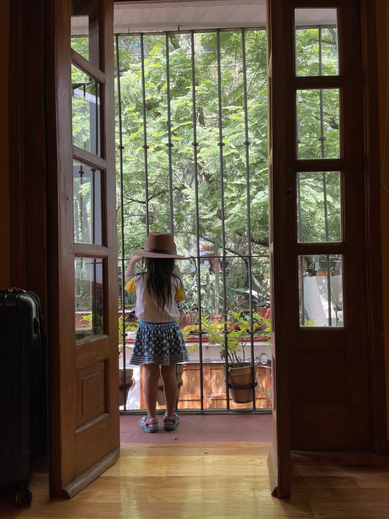 A child in a brown hat looks out of a Juliet balcony of a room.