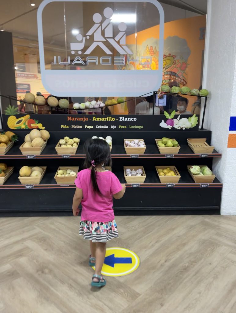 A child looks at plastic vegetables displayed on two shelves.