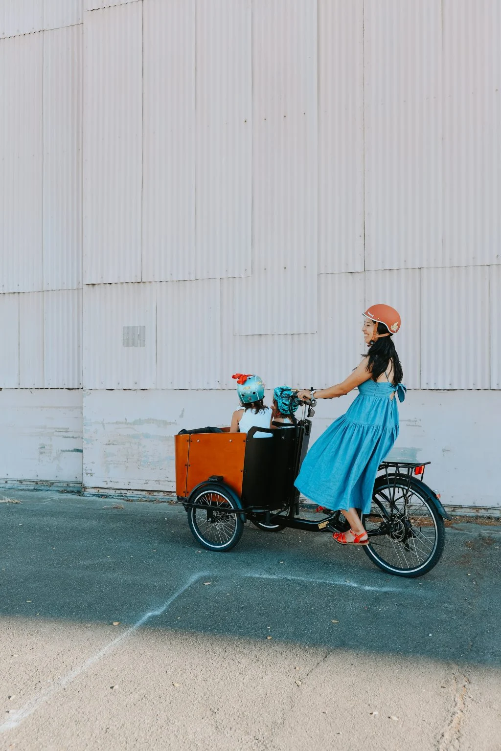 Ferla family cargo bike riding in Alameda Point, Alameda CA