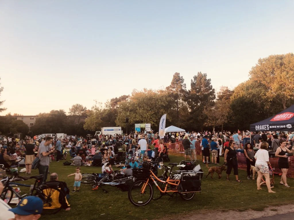 Longtail cargo bike at a field in Alameda, CA