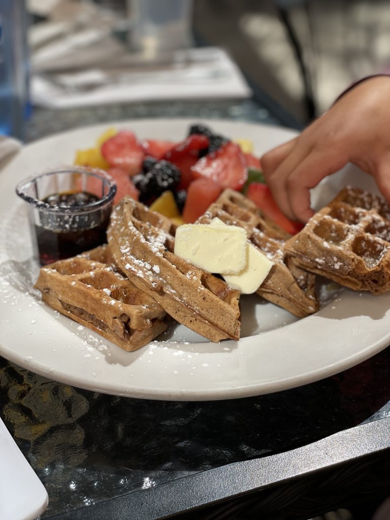Butter on nutella waffles with syrup from V's Bistro and Restaurant in Murphys on Main Street