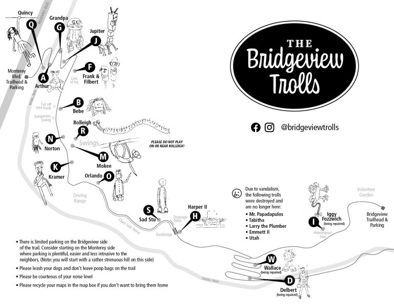map of trolls along the bridgeview troll trail hike in Oakland California
