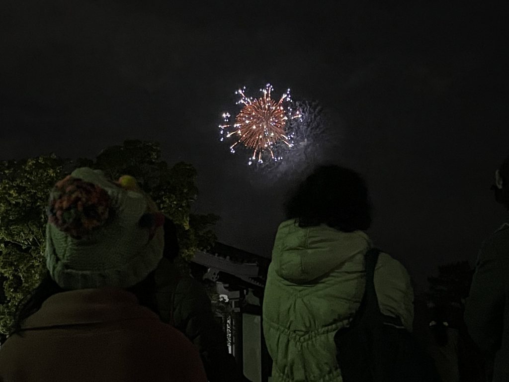 A red circular firework blasts off against a black sky as onlookers watch in Nara, Japan.
