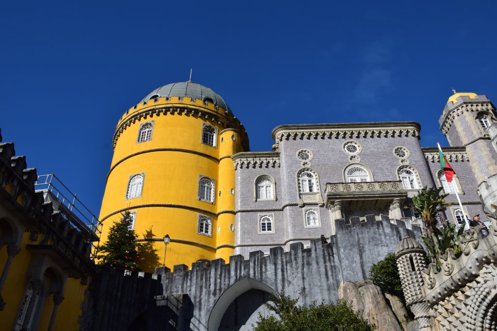 View of the yellow tower of Pena Palace in Sintra, Portugal