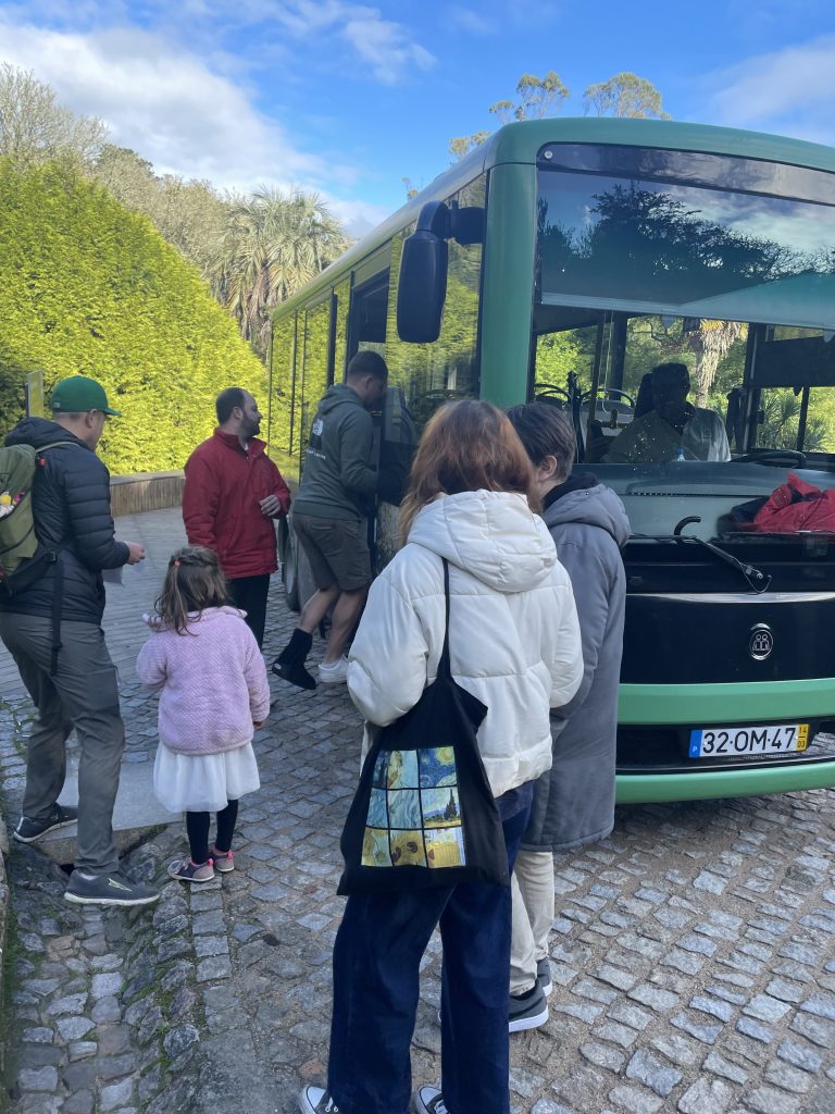 People lining up for the shuttle in Pena Palace, Sintra Portugal