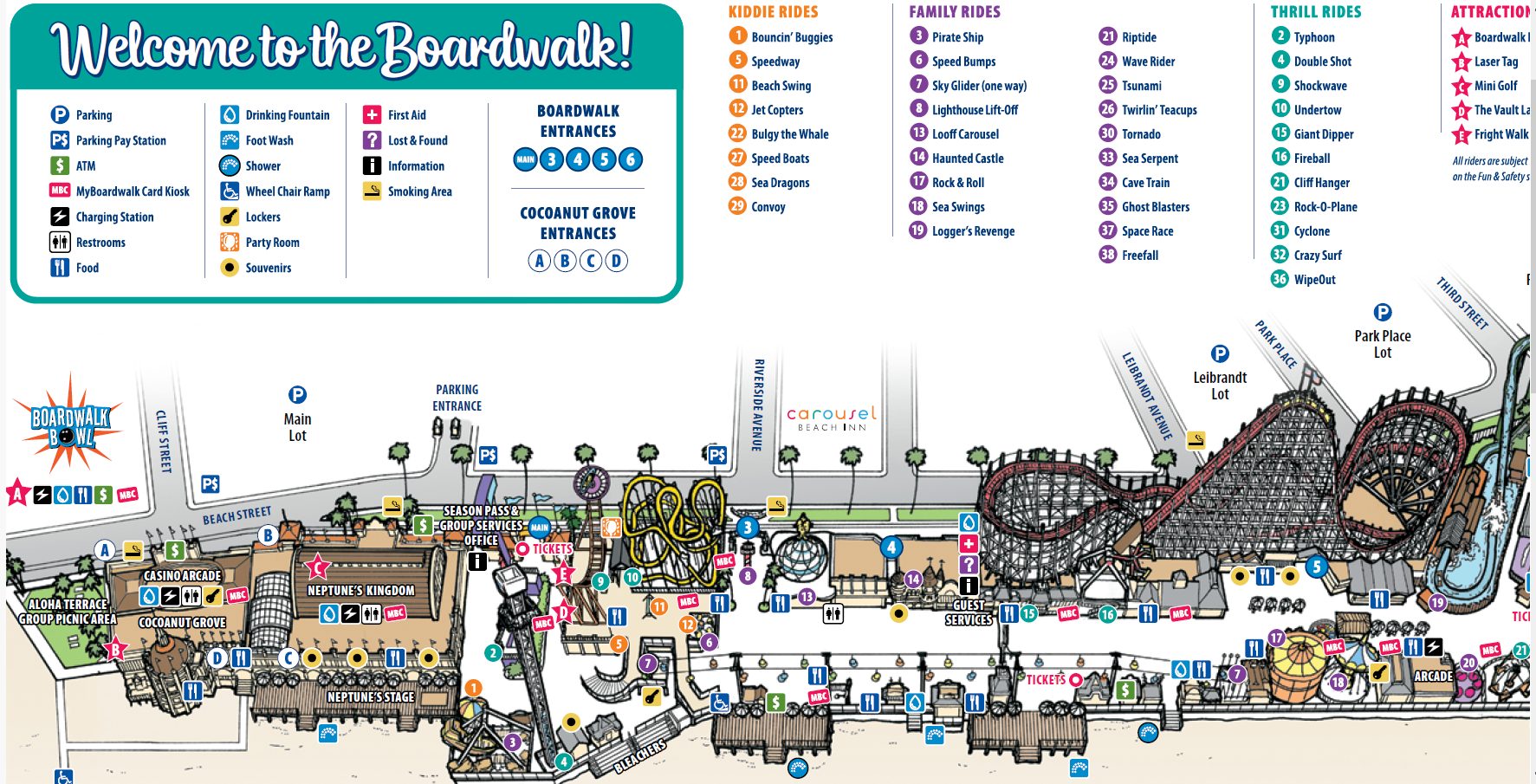 A map of the Santa Cruz Beach Boardwalk Rides and Attractions