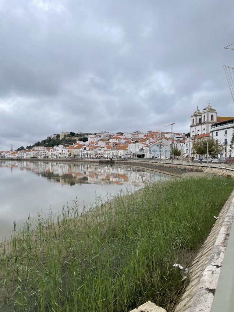 Alcacer do Sal's white buildings reflecting on the water below in Portugal