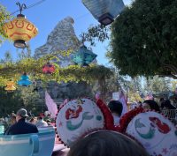 A child with mickey mouse ears riding the tea cups looking at the Materhorn