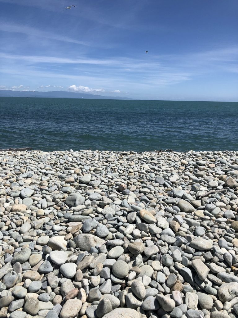 Rocks lining the sandbar of Nelson's lighthouse in New Zealand