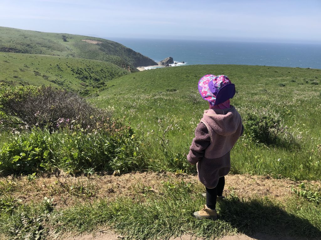 Child hiking along Tomales Point Trail in Point Reyes National Seashore, California