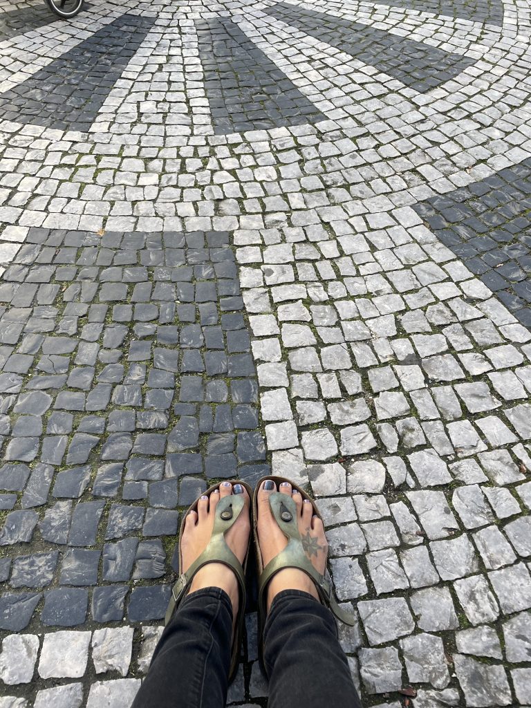 Birkenstock on cobble stone streets in Caldas da Rainha