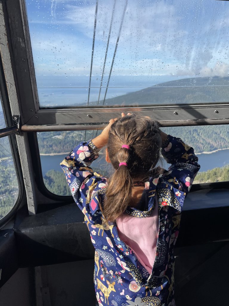 A child looking out the window of the grouse mountain gondola