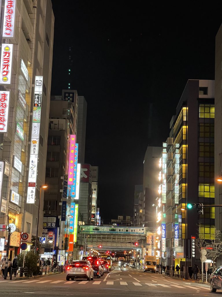 Bright buildings stand tall against a dark night sky in Akihabara Tokyo.