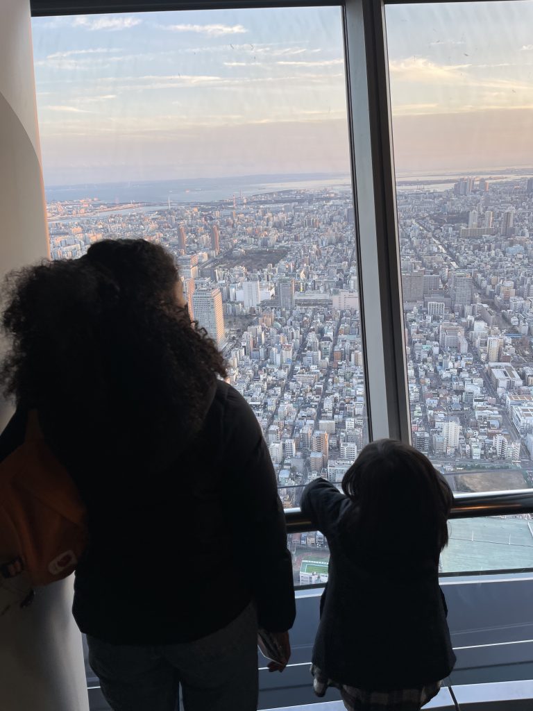 A woman and a child are silhouetted as they look out large windows that overlook the city of Tokyo during sunset.