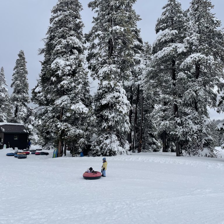 A child pulling another child in a sled at Bear Valley Adventure Co in California