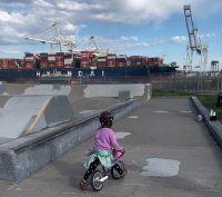 A child riding a purple woom 1 balance bike at Alameda Skate Park