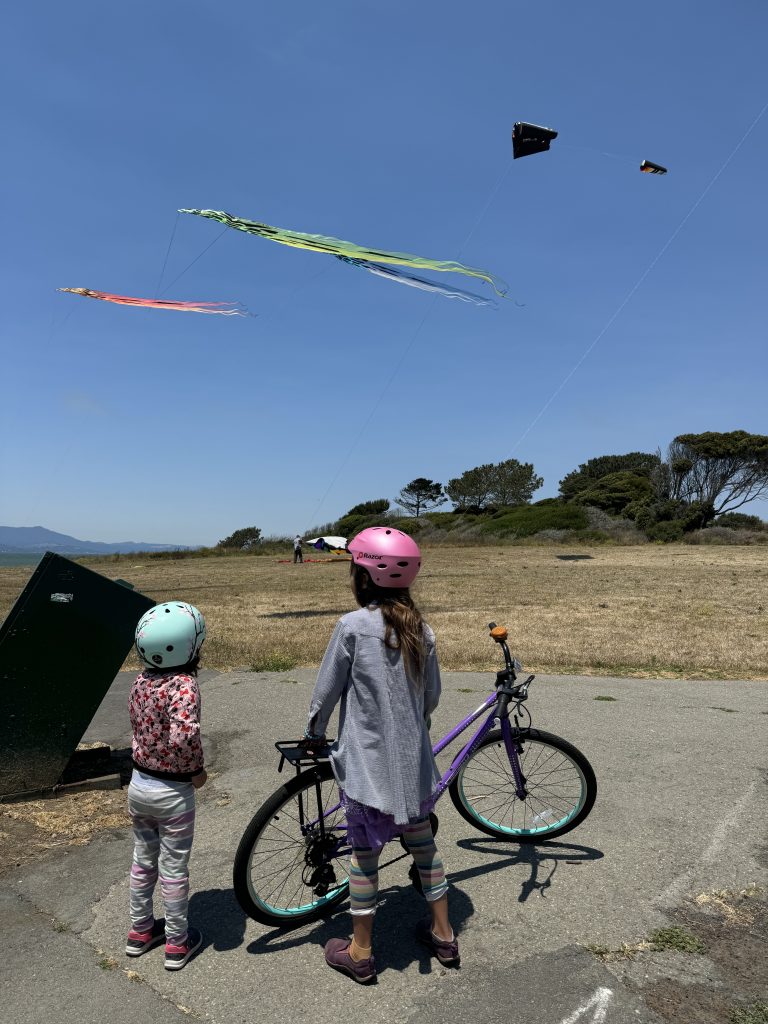 Two kids riding a Guardian Bike Ethos 20" watching kites flying in the blue sky