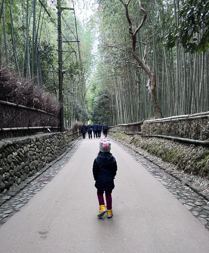 A child walks down a path flanked by bamboo in Arashiyama, Japan.