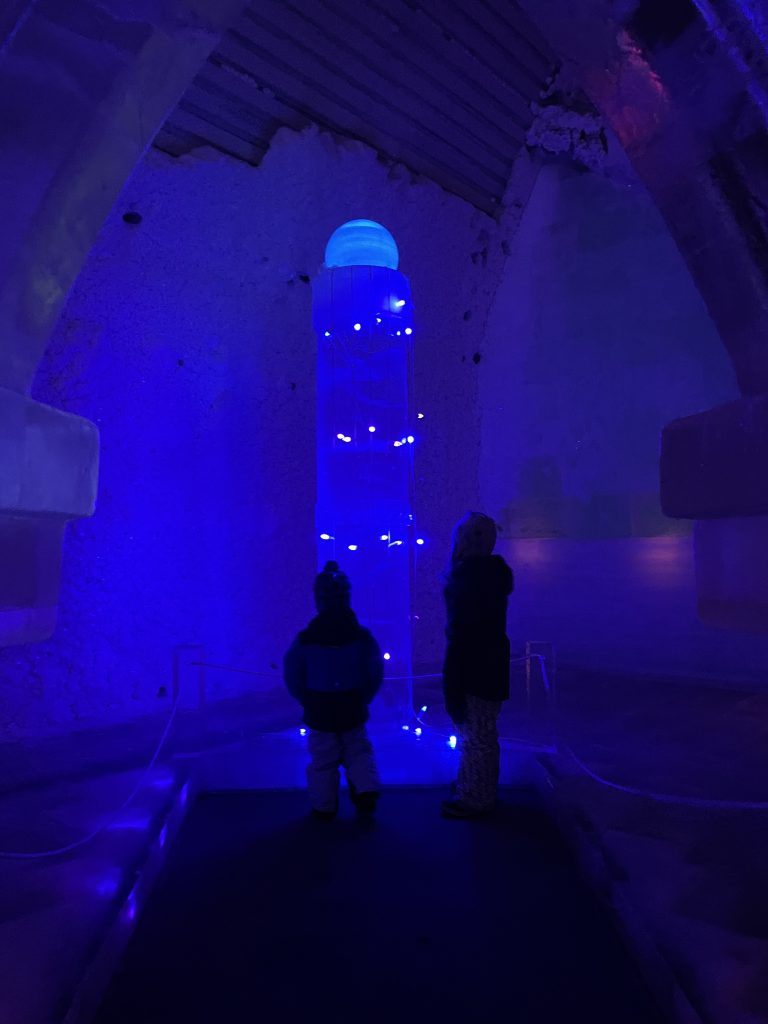 A shadow of two children in an Ice museum at Chena Hot Springs in Fairbanks Alaska