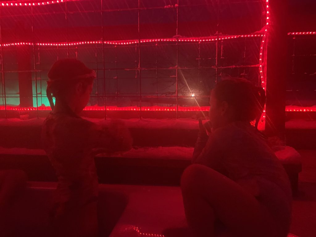 Two kids in a red lit hot tub at Chena Hot Springs in Fairbanks, Alaska