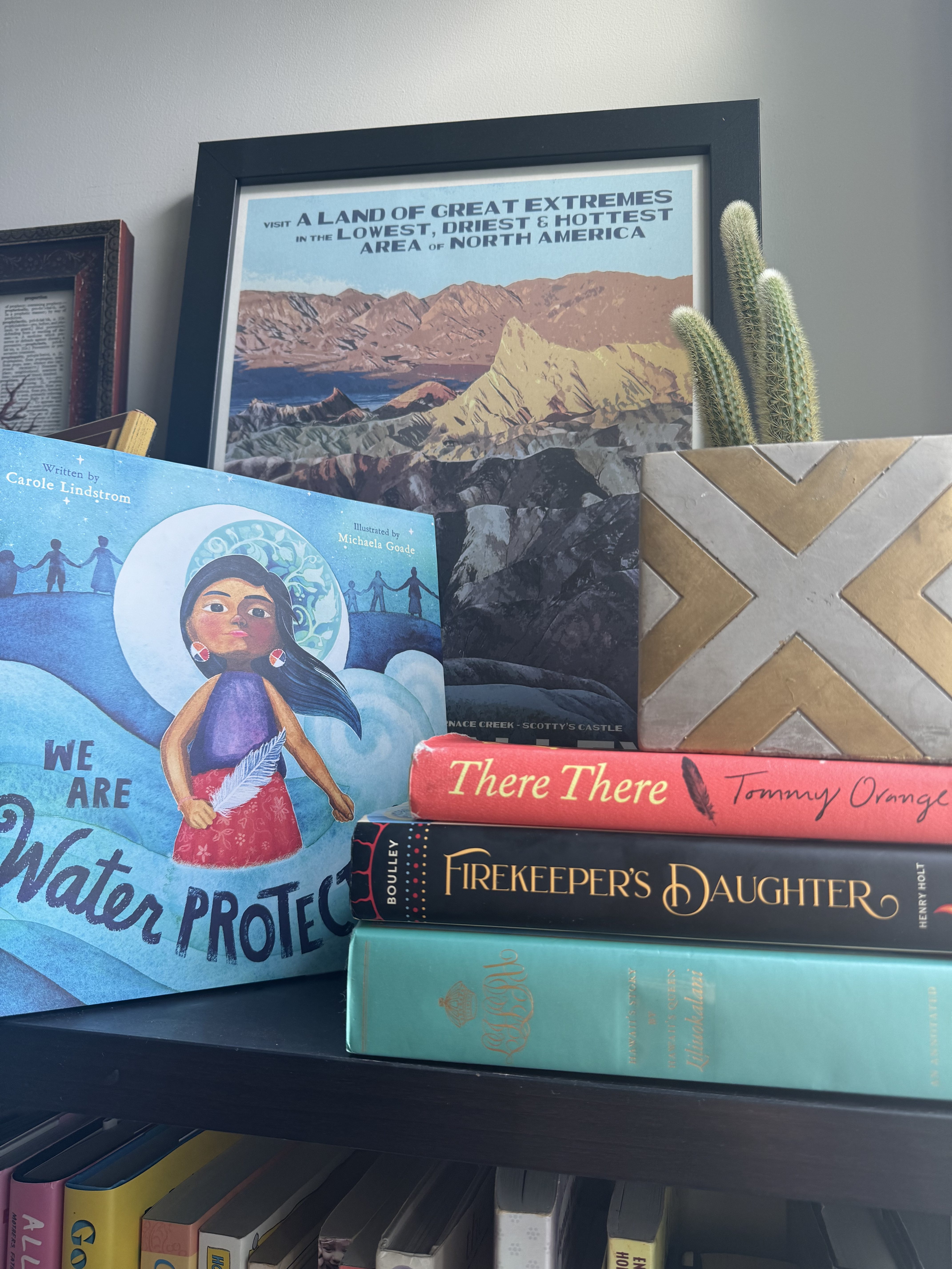 Stack of books by Indigenous authors next to a cactus