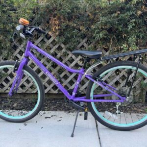 Guardian bike in purple along a fence
