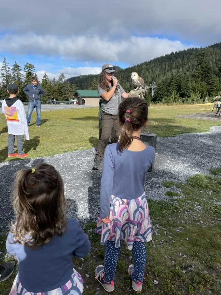 Two children watching an owl encounter at Grouse Mountain in Vancouver, Canada