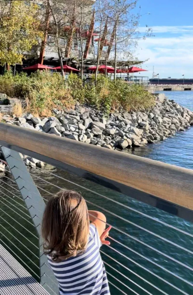 A child walking along a bridge in the Lonsdale District of North Vancouver, Canada