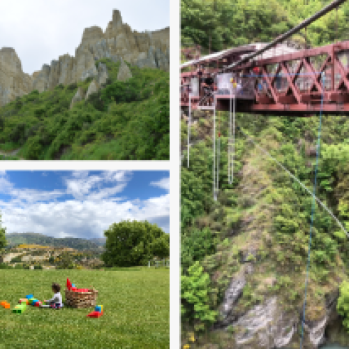 Three images of the Clay Cliffs and bungee jumping in New Zealand